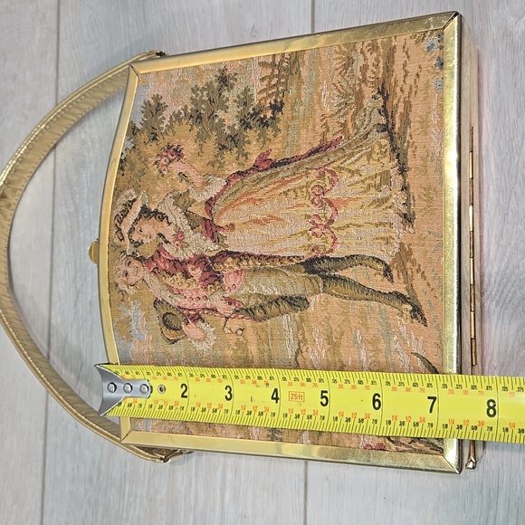 Vintag1960s TYROLEAN Bag Tapestry Cloth Embroidered Puffed Puffy Victorian Purse - Picture 3 of 13